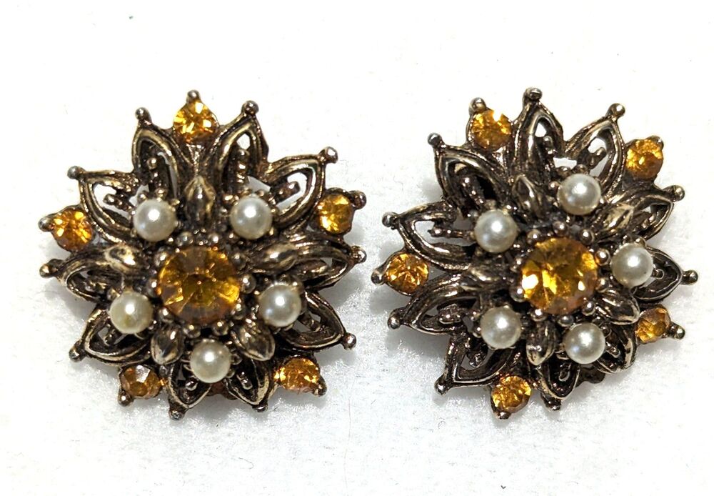 Starburst Faux Pearl Tangerine Rhinestones Earrings